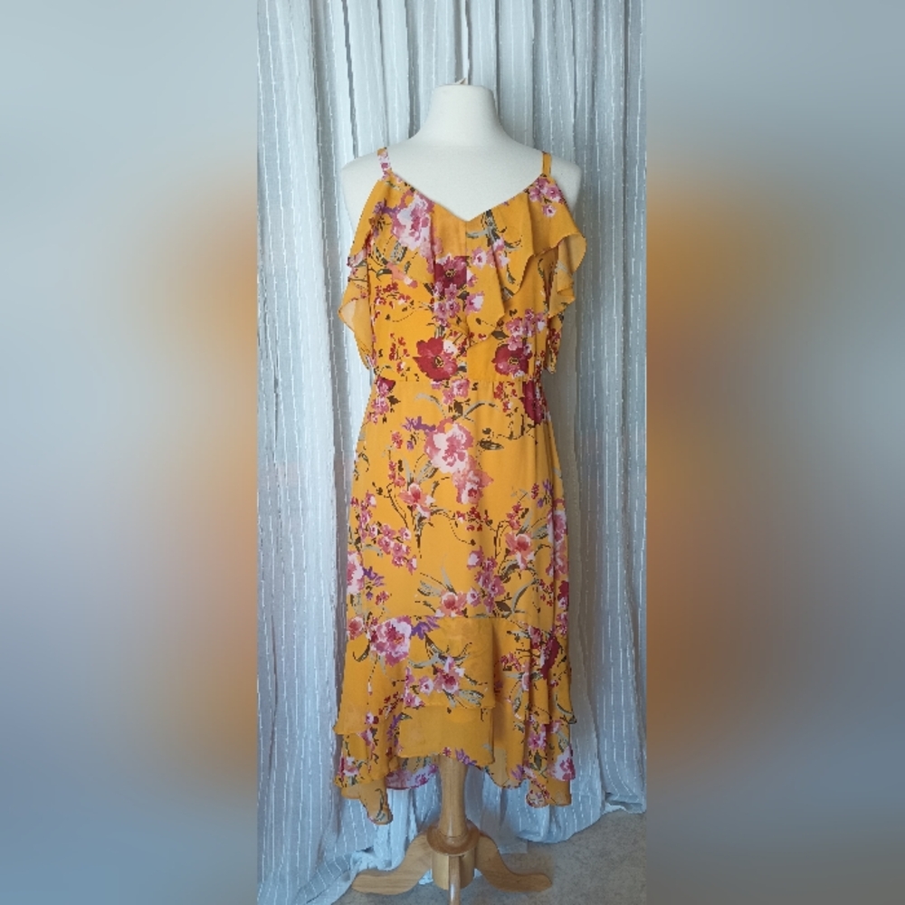 Robert Louis Yellow Gold Mustard Floral Hi Low Spaghetti Strap Midi Dress Size M